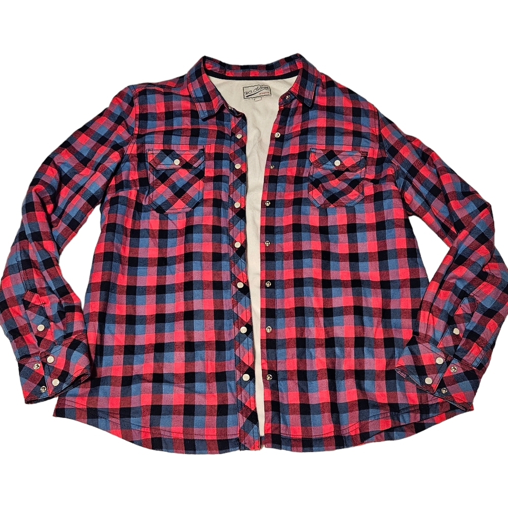 BC Clothing Pink/Blue Plaid Fleece Lined Button Down Shacket Shirt